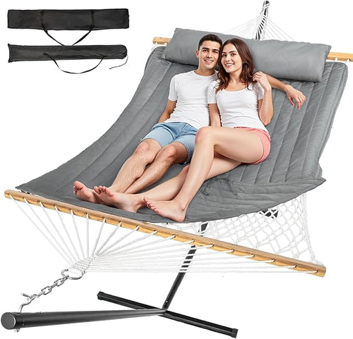 2 Person Outdoor Hammock with Stand, Cotton Rope Hammock with Polyester Pad by Unknown