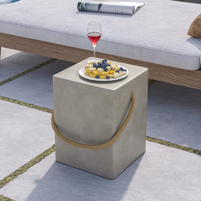 COSIEST Set of 2 Concrete Side Table, Rectangular Outdoor Side Table w Hemp - Image 2