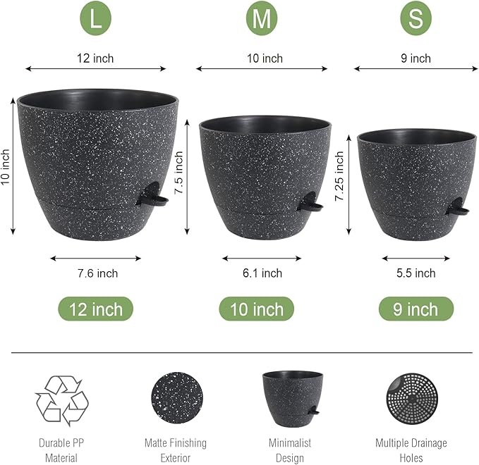 Large Self Watering Pots, 12/10/9 Plastic Planters - Image 2