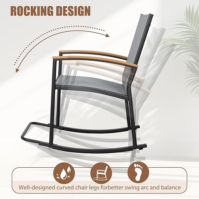 Shintenchi 3 Piece Outdoor Rocking Bistro Set, Textilene Fabric Small Patio - Image 2