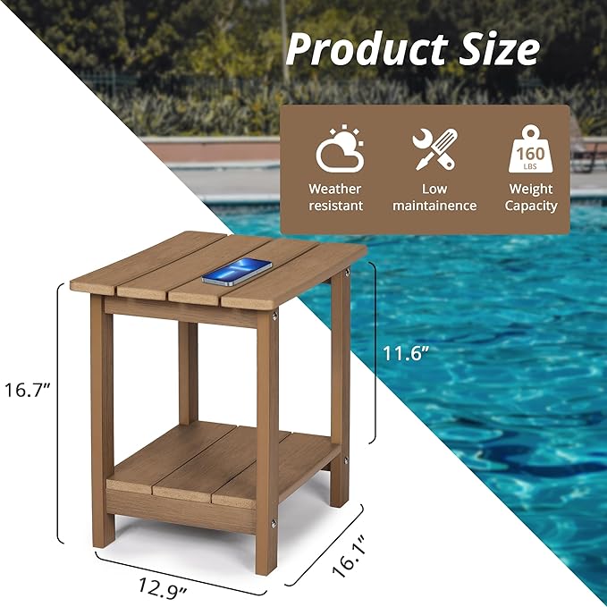 LUE BONA Adirondack Outdoor Side Table, 2-Tier Brown-Oil HDPS Patio End Table - Image 2