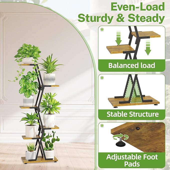 iDavosic.ly 5 Tier Indoor Plant Stand, Corner Tall Metal & Wood Flower Shelf - Image 2