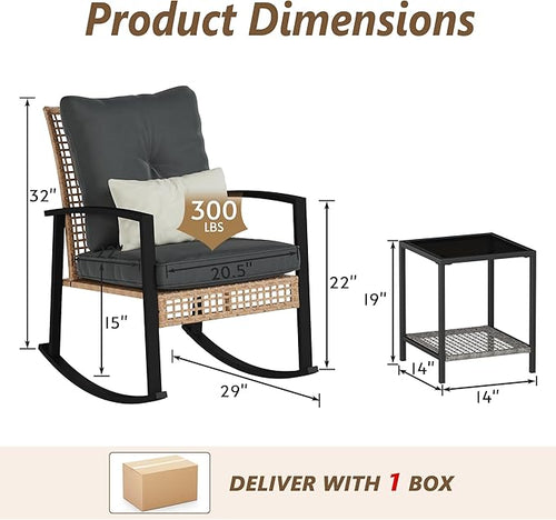 3 Piece Patio Rocking Chairs Set of 2, Outdoor Rocking Chair Bistro Set - Image 2
