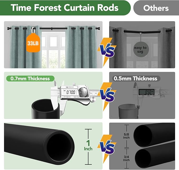 Time Forest Black Curtain Rods for Windows 32 to 150 Inch, 1 Inch Diameter - Image 8