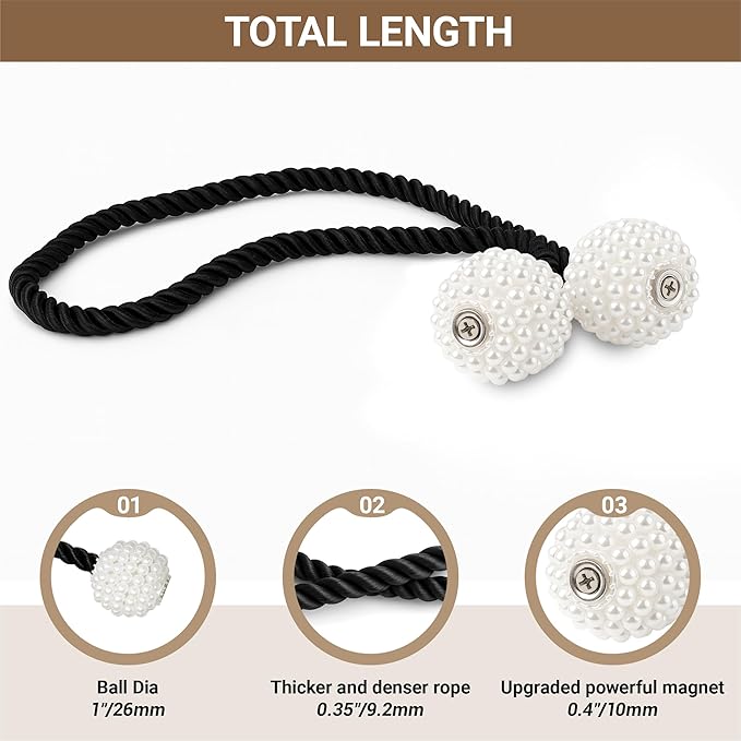 Hion Magnetic Curtain Tiebacks Black 6 Pack, Curtain Tiebacks Buckles Holdbacks - Image 2