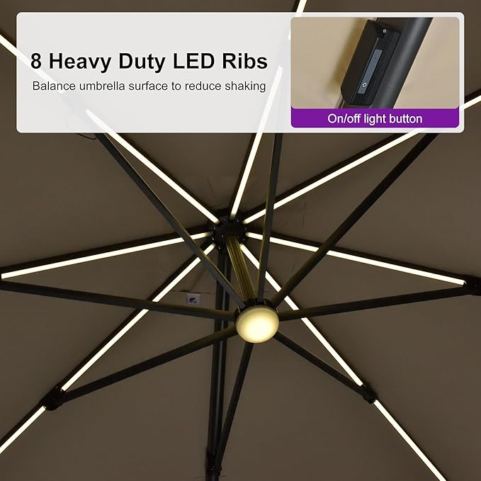 PURPLE LEAF 10 Feet Patio Umbrella Outdoor Cantilever Solar Powered LED Swivel - Image 5