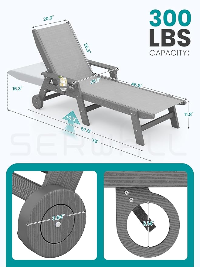 SERWALL Textilene Patio Chaise Lounge Chair Set of 2, 5 Positions Outdoor - Image 3