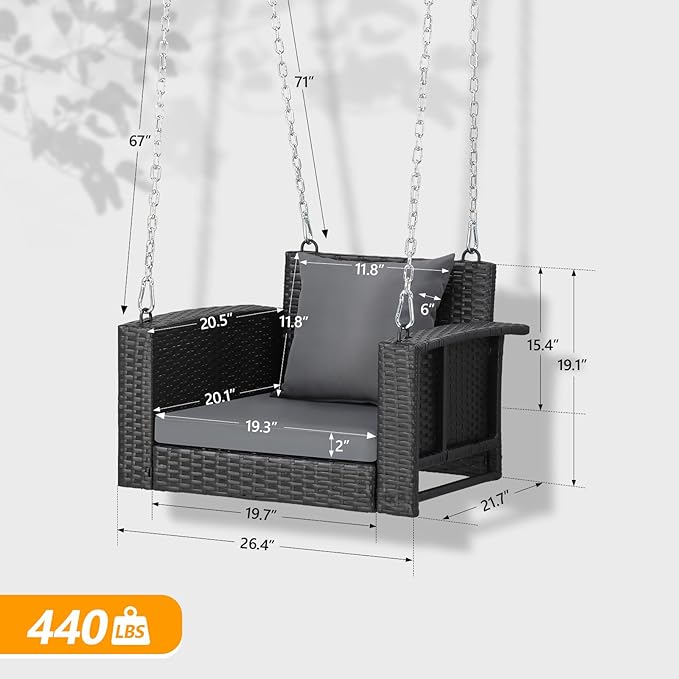 VINGLI 2.2 FT 1-Person Use Rattan Porch Swing Outdoor Support 440 LBS - Image 5