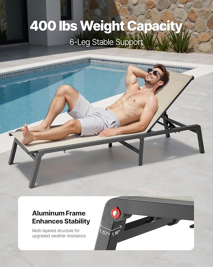 VEVOR Outdoor Chaise Lounge Chair Set of 2, 400 lbs Weight Capacity, Foldable - Image 4