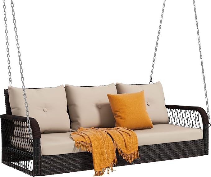 DWVO 3 Seats Porch Swing Hanging Bench Swing Outdoor Wicker Patio Swing Lounge - Image 7