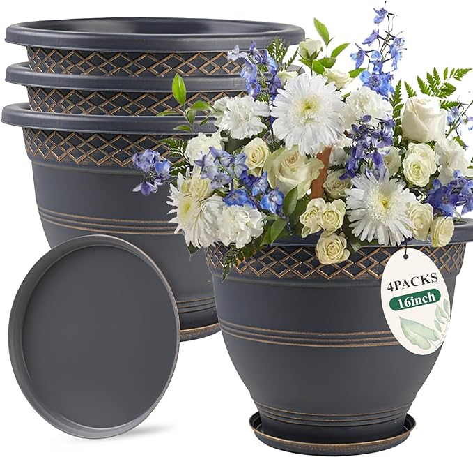 4 Pack 16 Inch Large Plant Pots, Plastic Flower Pot by Usocik