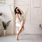 Barydat 2 Pcs Hanging Hammock Chair Boho Swing Chair Indoor Outdoor Cotton Rope - Image 3