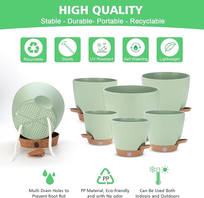 Self Watering Planter Set with Visual Water Level, Modern 8+7+6.5+6+5.5+5 Inch - Image 5