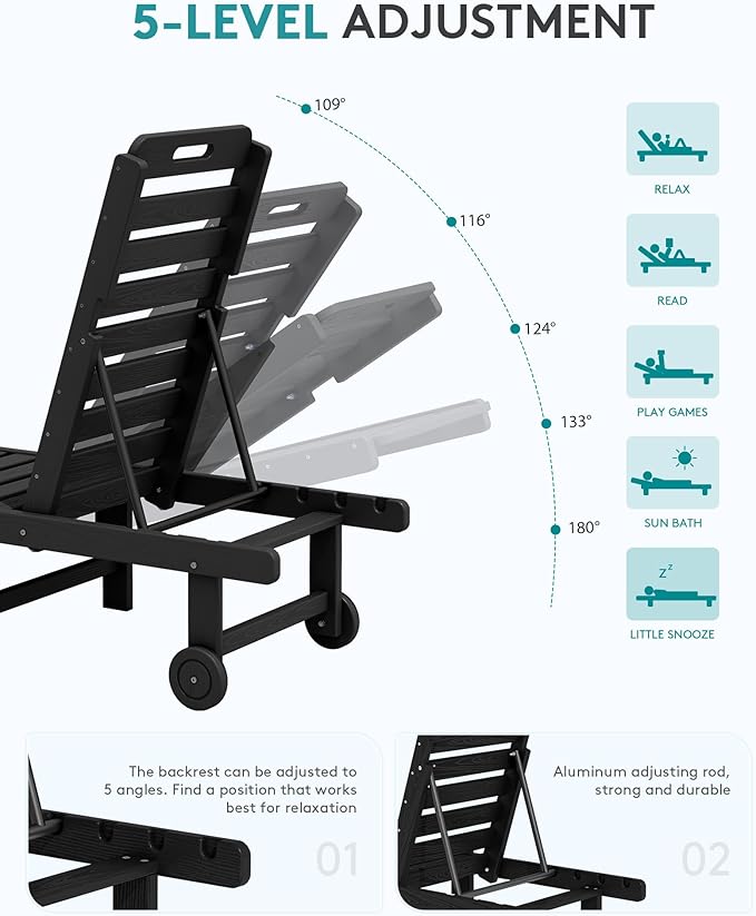 SERWALL Patio Chaise Lounge Chair, HDPE Outdoor Lounge Chair - Image 4
