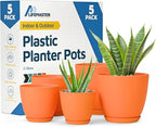 Yellow Plant Pots with Drainage Holes & Saucers 5 Pack, Indoor & Outdoor by LIFEMASTER