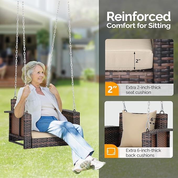 VINGLI 2.2 FT 1-Person Use Rattan Porch Swing Outdoor Support 440 LBS - Image 3