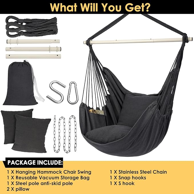 Y- STOP Hammock Chair Hanging Rope Swing Chair, Max 500 Lbs, 2 Seat Cushions - Image 3