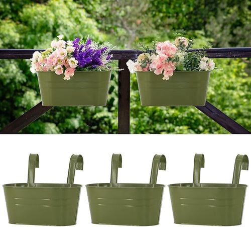 3 Pack Metal Railing Planters, 10.5" Oval Hanging Flower Pots by MeltsetM