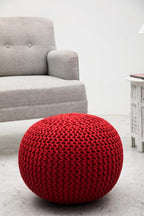 COTTON CRAFT - Hand Knitted Cable Style Dori Pouf - Red - Floor Ottoman - - Image 7