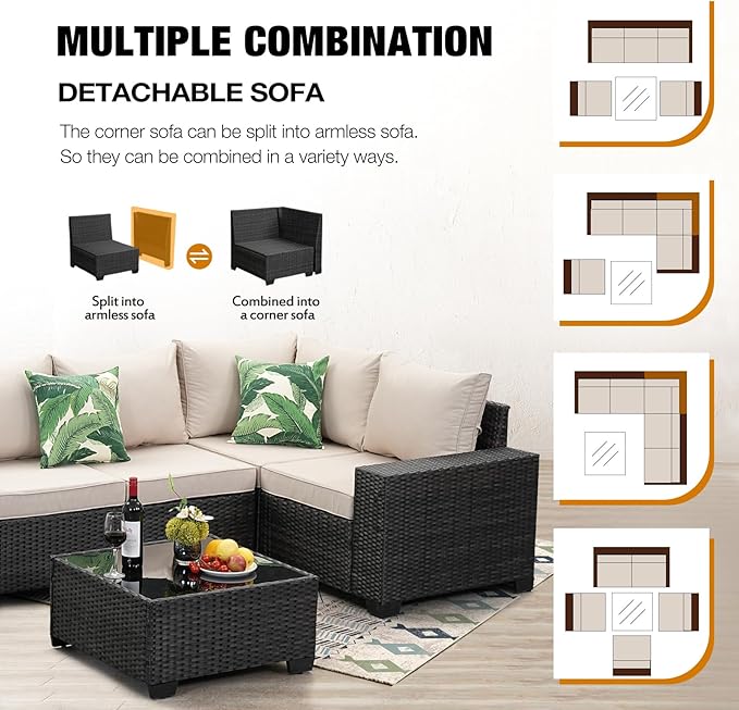 6 Pieces Patio Furniture Set All-Weather Outdoor Wicker Sectional Conversation - Image 7
