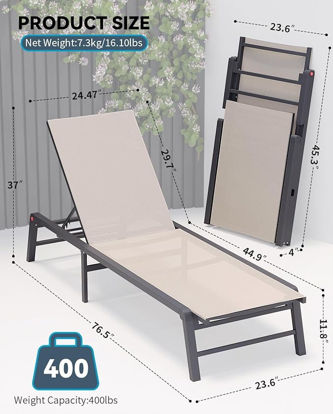 Aluminum Chaise Lounge Chair Outdoor, Foldable Patio Lounge Chair 2 Sets - Image 3