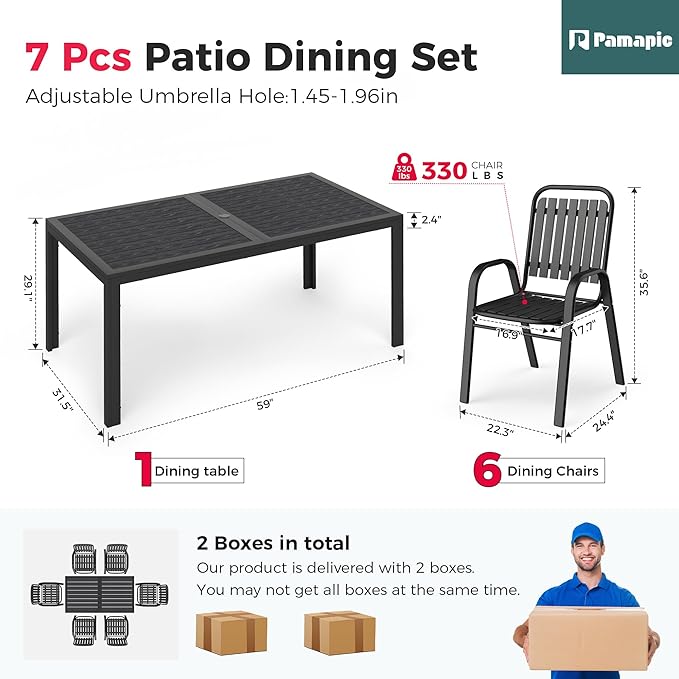 Pamapic Outdoor Dining Sets for 6, Rectangular Steel Slat Table - Image 8