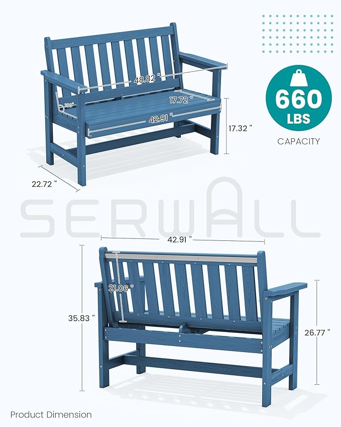 SERWALL HDPE Outdoor Benches Weatherproof, 2-Person Garden Bench - Image 3