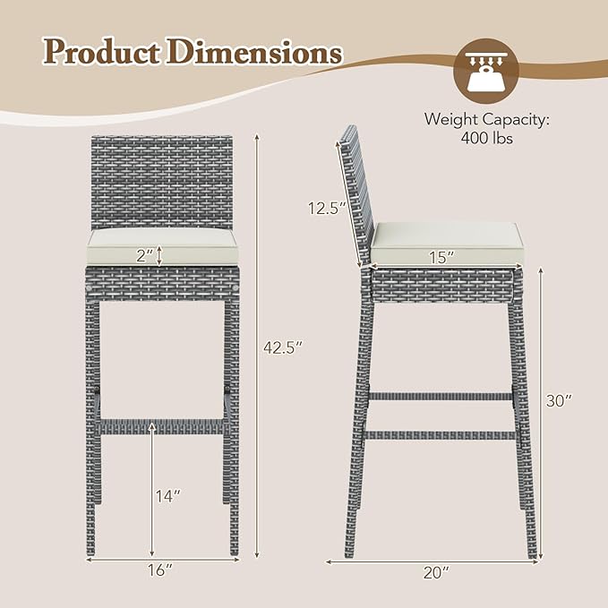 HAPPYGRILL Patio Wicker Barstools Set of 2, Outdoor Bar Height Chair w/Soft - Image 3