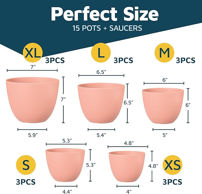 Pink Plant Pots with Drainage Holes & Saucers 15 Pack, Indoor & Outdoor - Image 2