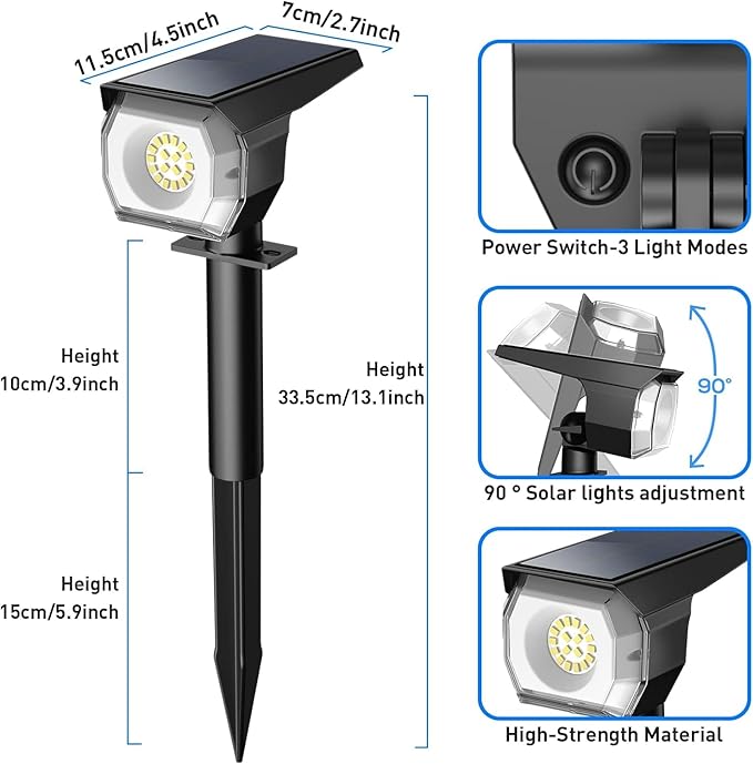 EIUIO Solar Outdoor Lights, 3 Lighting Modes Solar Spot Lights Outdoor - Image 3