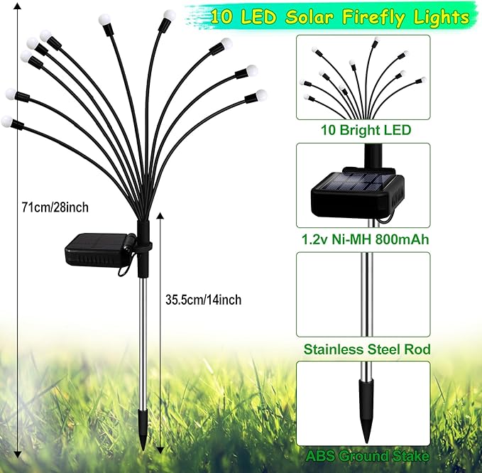 Kohlrabi Solar Garden Lights Outdoor, 2 Pack 20 LED Solar Blue Firefly Lights - Image 2