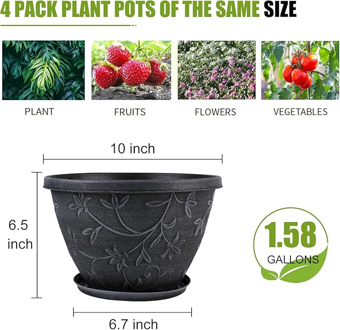 4 Pack 10 Inch Plant Pot for Outdoor Indoor, Plastic Flower Pots - Image 2