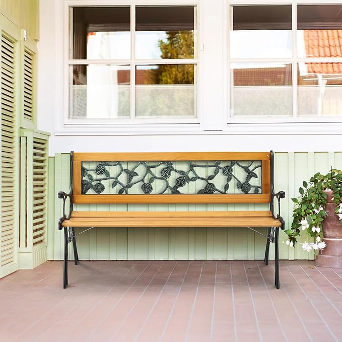 VINGLI Outdoor Bench Metal Garden Bench, Wood Patio Benches w/PVC Backrest Cast - Image 2
