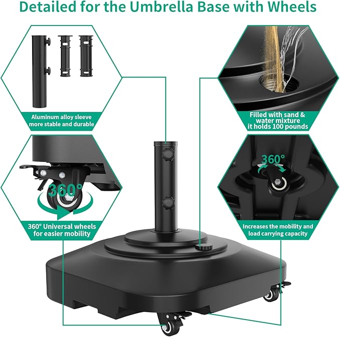 Umbrella Base with Wheels, Umbrella Stand Base Heavy Duty 100lb Windproof - Image 5