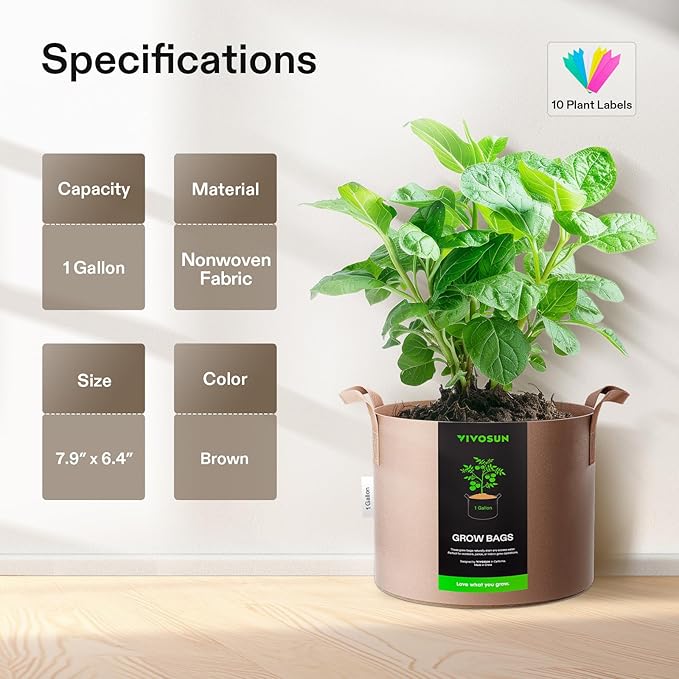 VIVOSUN 5-Pack 1 Gallons Grow Bags Heavy Duty Thickened Nonwoven Fabric Pots - Image 2
