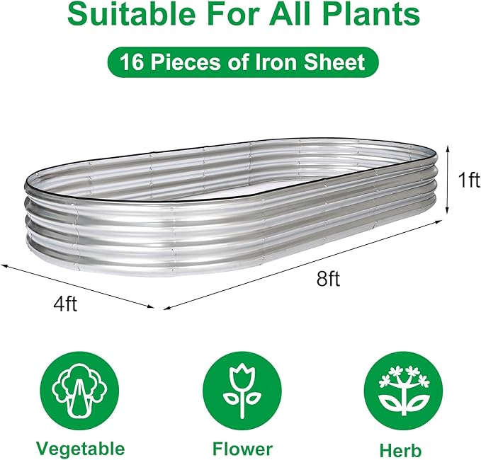 JERIA 2 Pcs 8×4×1ft Oval Raised Garden Bed, Galvanized Raised Garden Bed Kit - Image 3