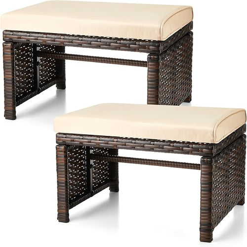 2 Pcs Patio Rattan Ottomans Outdoor Wicker Ottomans Patio Footstool Footrest by Beeveer