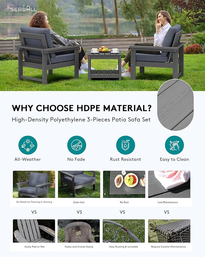 SERWALL HDPE Patio Sofa Set, 3-piece Sectional Outdoor Furniture Set, All - Image 3