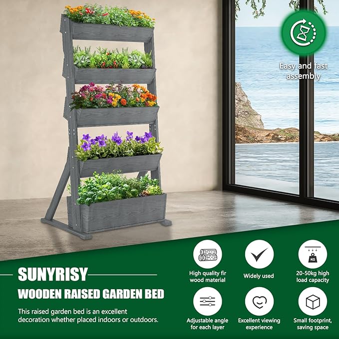 SUNYRISY 5 Tiers Vertical Raised Garden Bed Outdoor Planter Tower, Wooden - Image 3