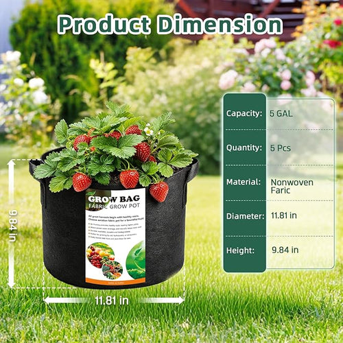 5 Pack 5 Gallon Grow Bags, Thickened Aeration Nonwoven Fabric Plant Pots - Image 2