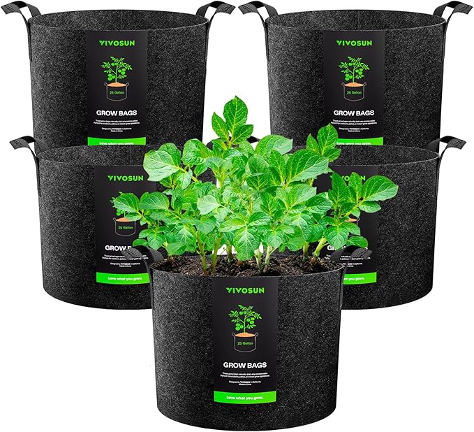 VIVOSUN 5-Pack 25 Gallon Plant Grow Bags, Heavy Duty Thickened Nonwoven Fabric by VIVOSUN