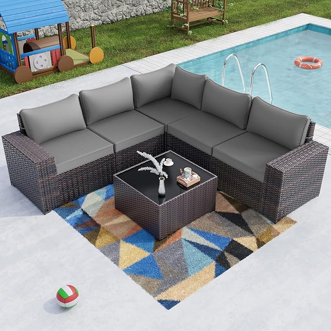 Kullavik 6PCS Outdoor Patio Furniture Set PE Wicker Rattan Sectional Sofa Patio by KULLAVIK
