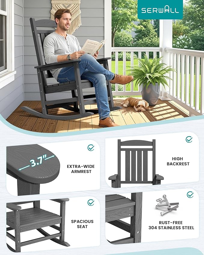 SERWALL Outdoor Rocking Chair, HDPE Patio Rocking Chair All-Weather Porch Rocker - Image 5