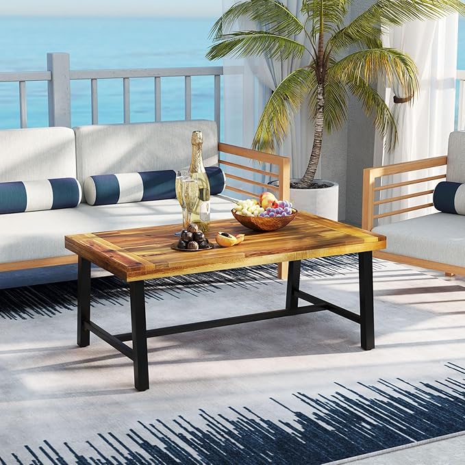 Tangkula Outdoor Acacia Wood Coffee Table, Rectangle Rustic Accent Table - Image 2