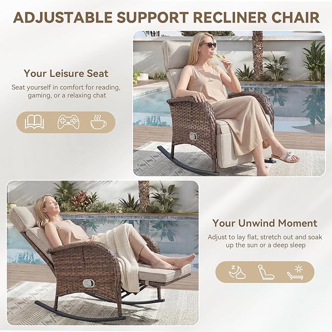 3 Pieces Zero Gravity Wicker Patio Rocking Recliner Chairs Set of 2 - Image 5