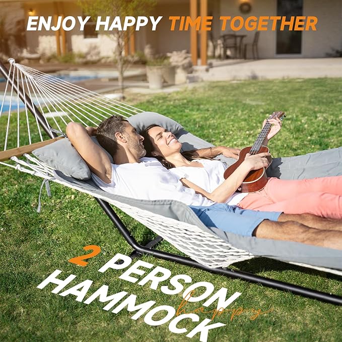 2 Person Outdoor Hammock with Stand, Cotton Rope Hammock with Polyester Pad - Image 3