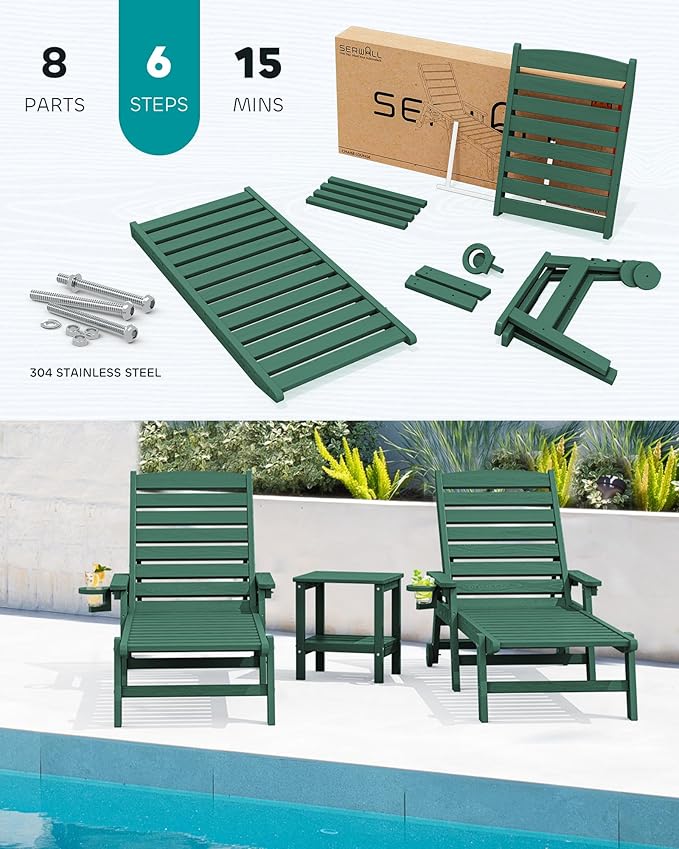 SERWALL Patio Chaise Lounge Chair Set of 2, Poly Lounge Chair - Image 6