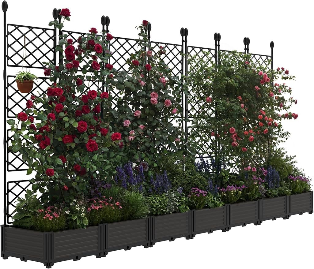 7 PCS Raised Garden Bed with Trellis & Privacy Screen, Flowers on Patio by Unknown