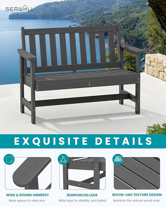 SERWALL Outdoor Bench, HDPE Outdoor Benches Weatherproof, 2-Person Garden Bench - Image 4