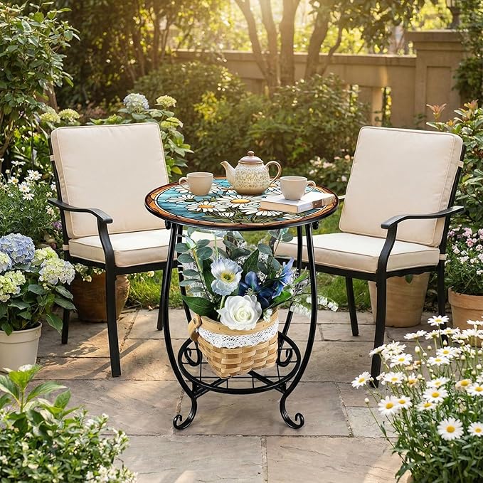 Outdoor Side Table Round Small Mosaic Patio Accent Indoor End Plant Coffee Tea - Image 2